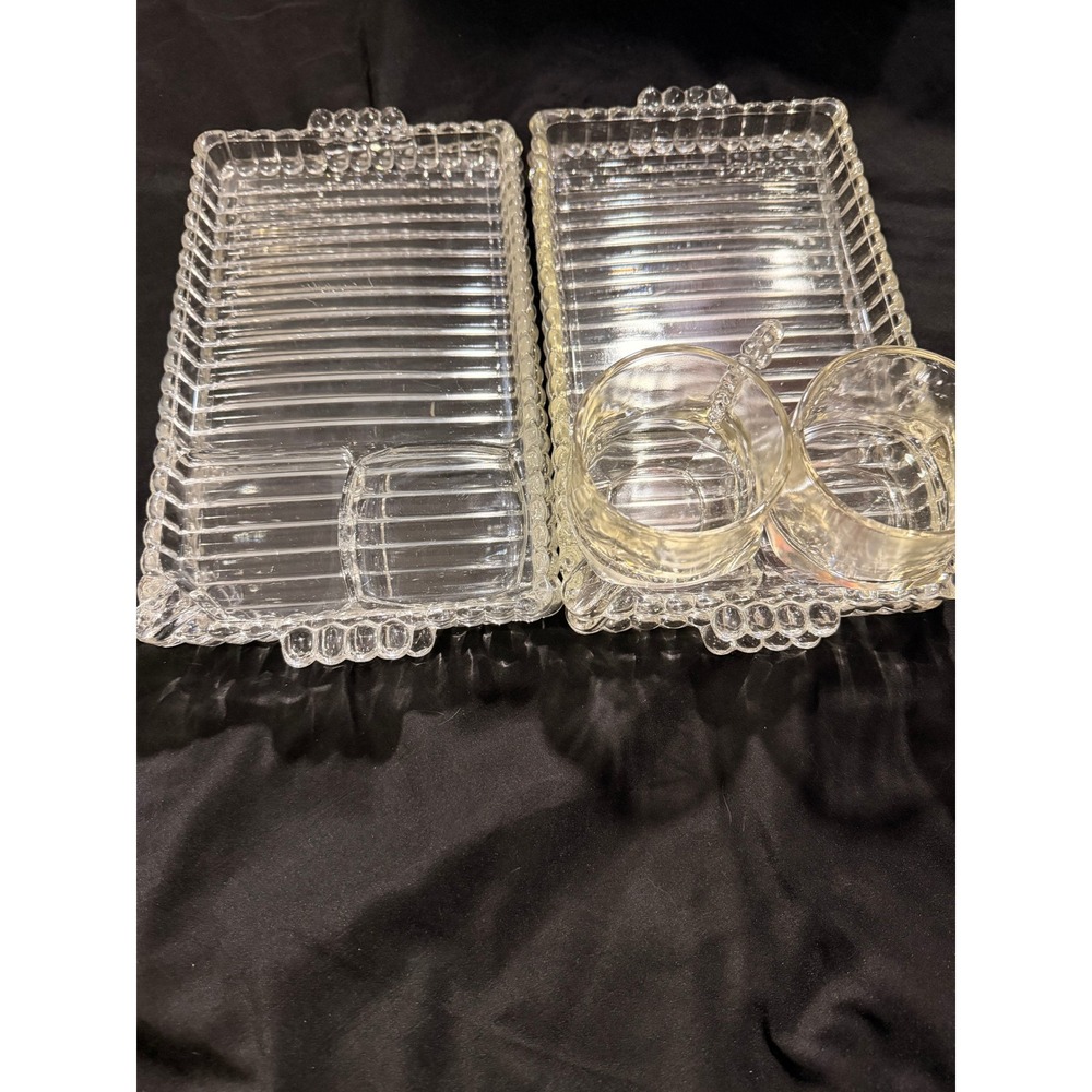 Vintage Federal Glass Manhattan Snack Set 4 Trays 2 Cups Clear Ribbed Art Deco - Picture 2 of 7